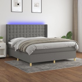 Cama box spring colchón y luces LED tela gris oscuro 160x200