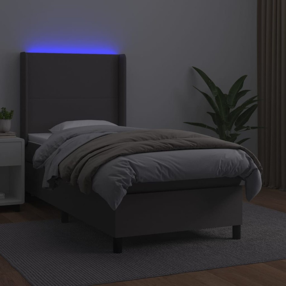 Cama box spring y colchón LED cuero sintético gris 80x200