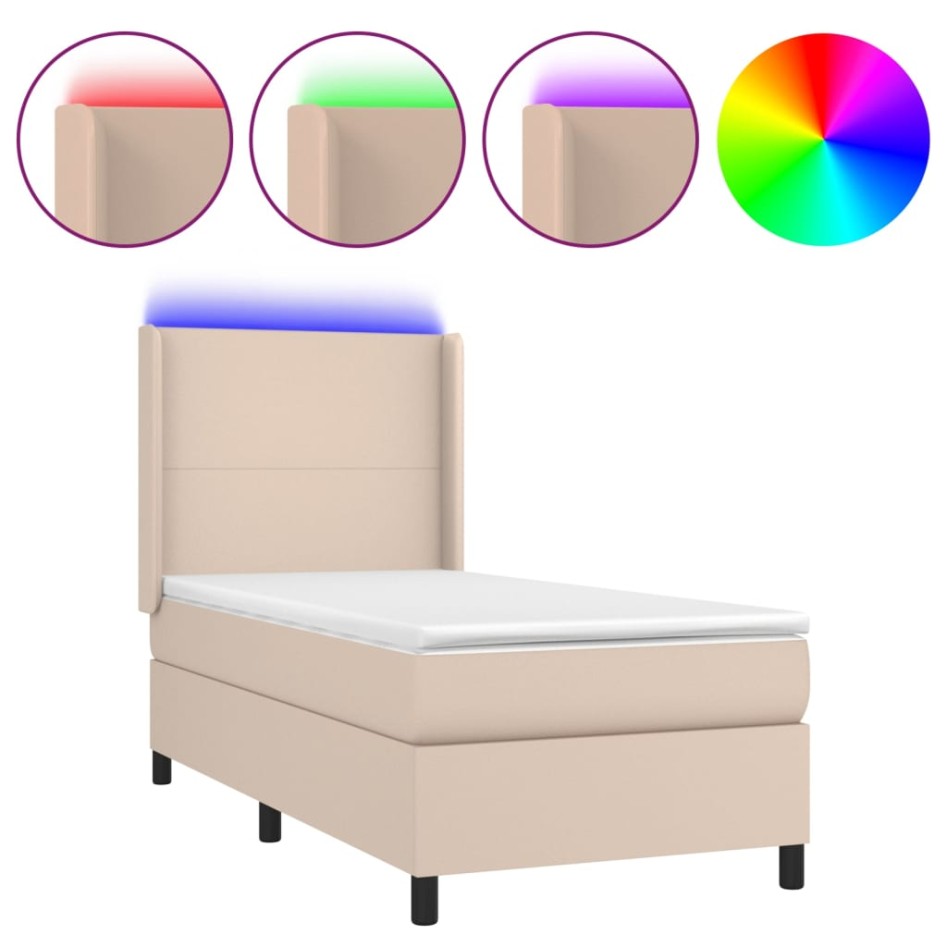 Cama box spring colchón LED cuero sintético capuchino 90x200