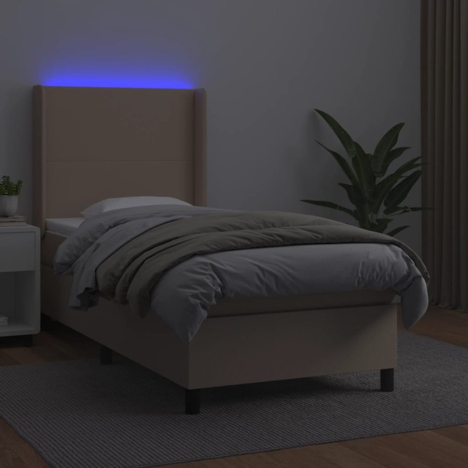 Cama box spring colchón LED cuero sintético capuchino 90x200