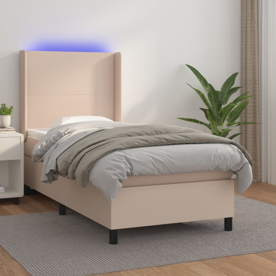 Cama box spring colchón LED cuero sintético capuchino