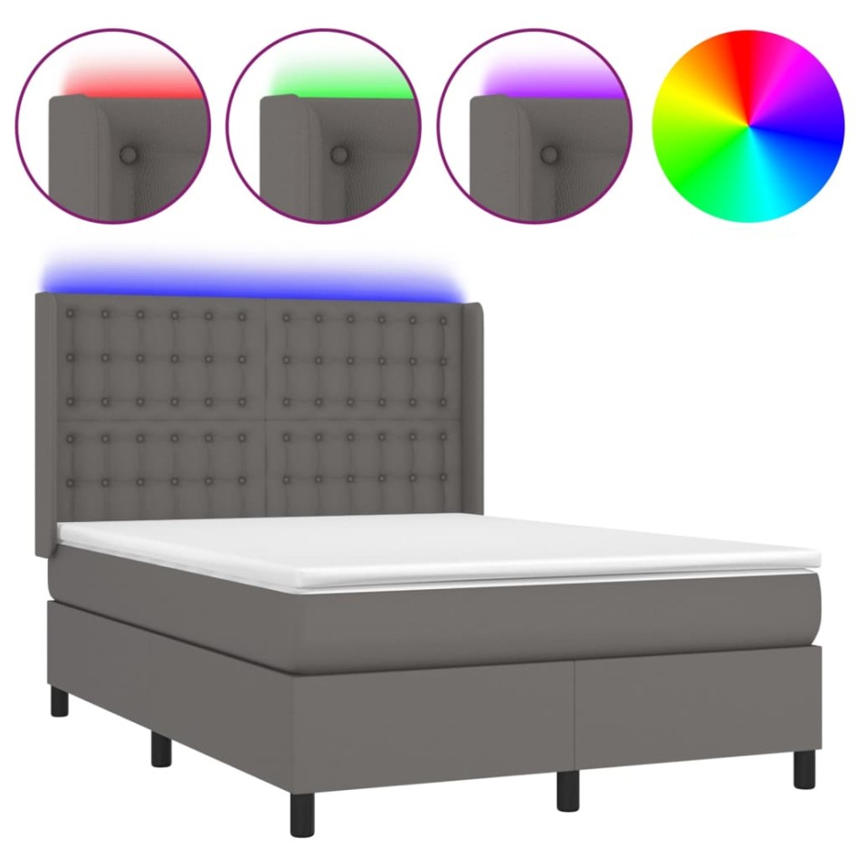 Cama box spring colchón y LED cuero sintético gris 140x190