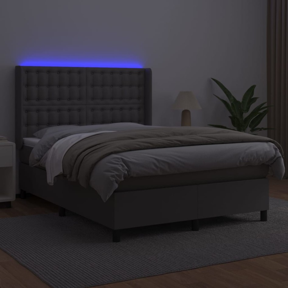 Cama box spring colchón y LED cuero sintético gris 140x190