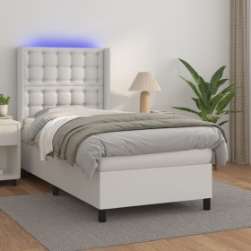 Cama box spring y colchón LED cuero sintético blanco 90x200