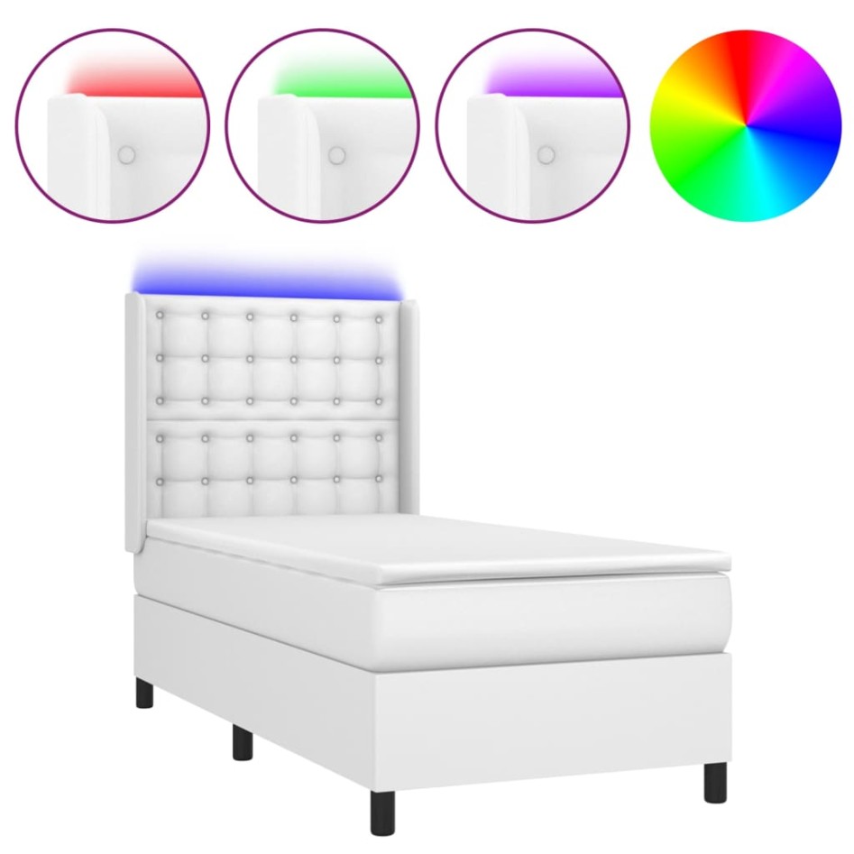 Cama box spring y colchón LED cuero sintético blanco 90x200