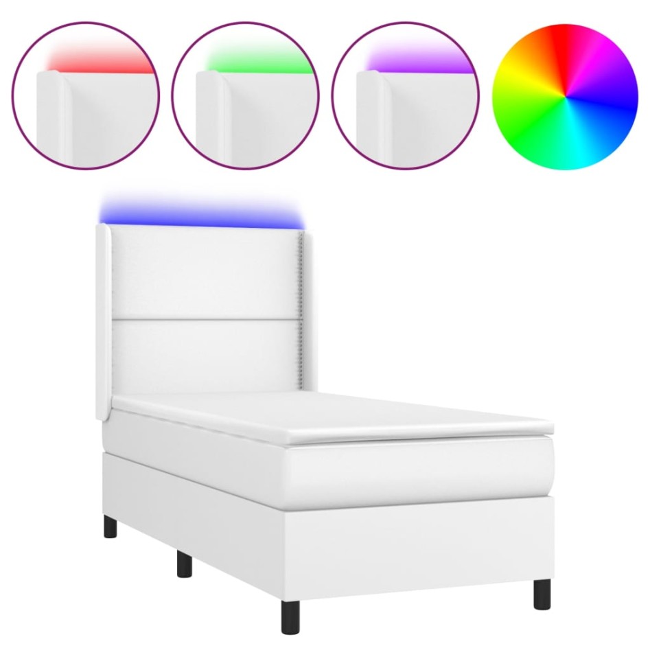 Cama box spring colchón y LED cuero sintético blanco 100x200