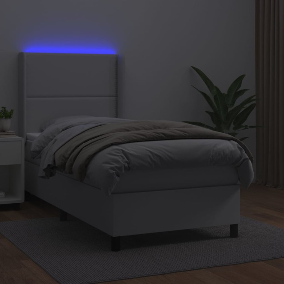 Cama box spring colchón y LED cuero sintético blanco 100x200