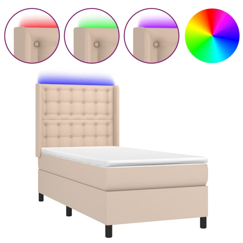 Cama box spring colchón LED cuero sintético capuchino 90x190