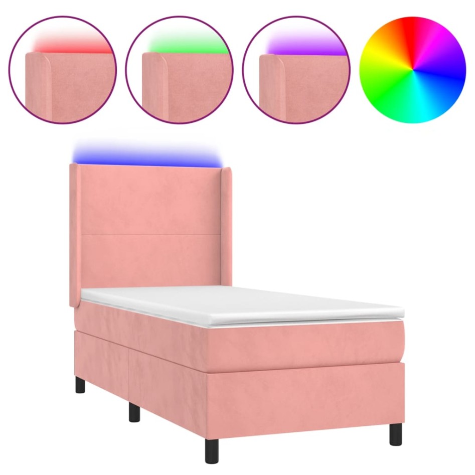 Cama box spring colchón y LED terciopelo rosa 90x200