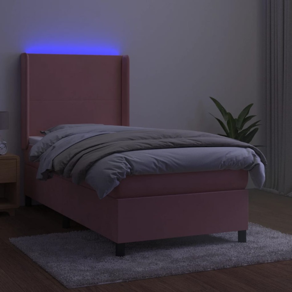 Cama box spring colchón y LED terciopelo rosa 90x200