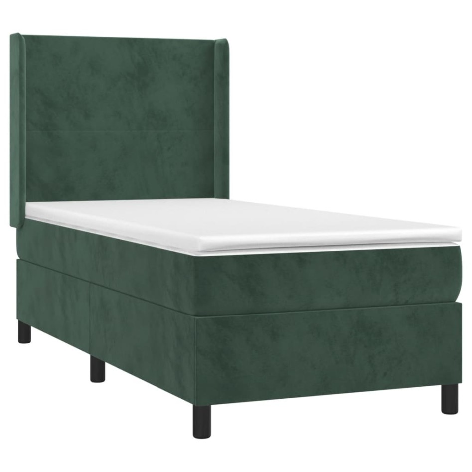 Cama box spring colchón y LED terciopelo verde oscuro 90x200