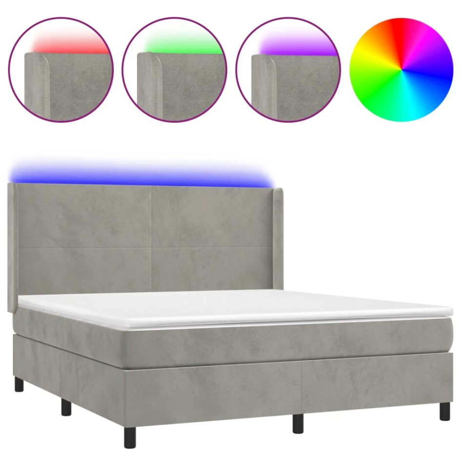 Cama box spring colchón y LED terciopelo gris claro 160x200