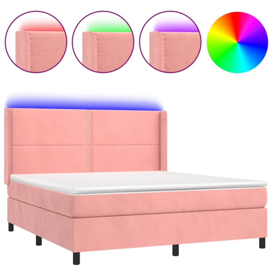 Cama box spring colchón y LED terciopelo rosa 160x200