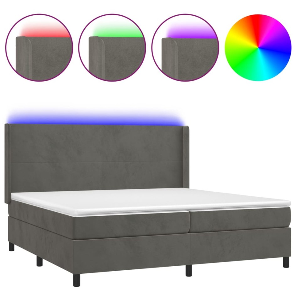 Cama box spring colchón y LED terciopelo gris oscuro 200x200