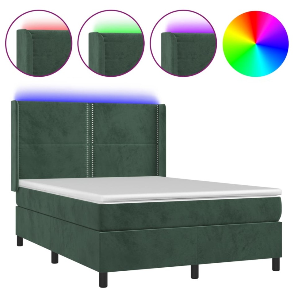 Cama box spring colchón y LED terciopelo verde oscuro