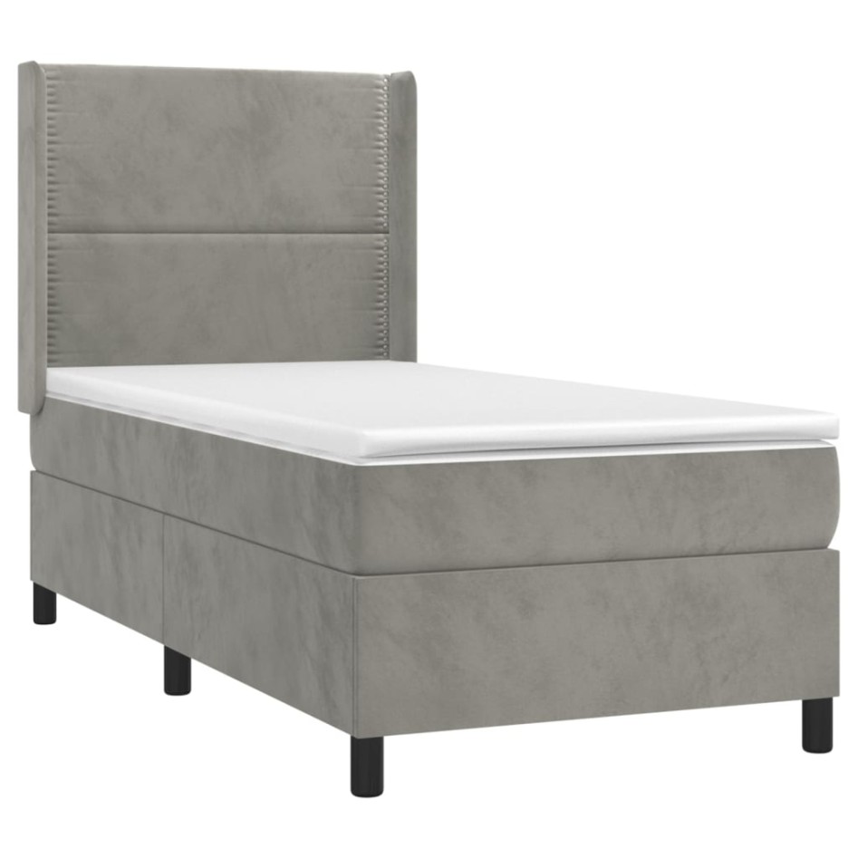 Cama box spring colchón y LED terciopelo gris claro 100x200