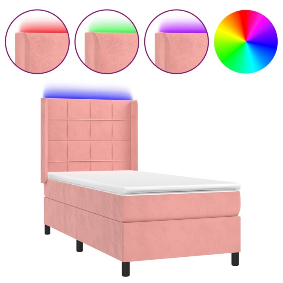 Cama box spring colchón y LED terciopelo rosa 90x190