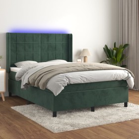 Cama box spring colchón y LED terciopelo verde oscuro