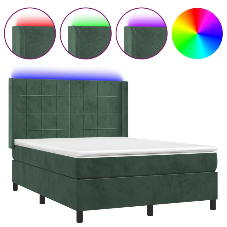 Cama box spring colchón y LED terciopelo verde oscuro
