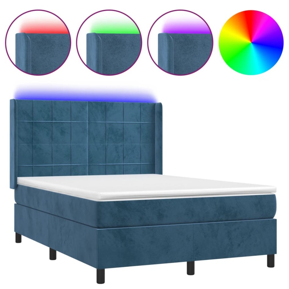 Cama box spring colchón y LED terciopelo azul oscuro 140x190