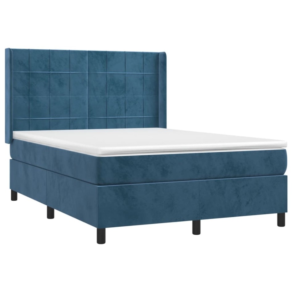 Cama box spring colchón y LED terciopelo azul oscuro 140x190