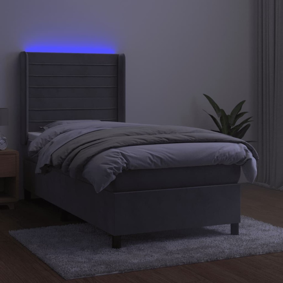 Cama box spring colchón y LED terciopelo gris claro 80x200