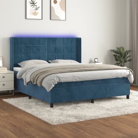 Cama box spring colchón y LED terciopelo azul oscuro 160x200