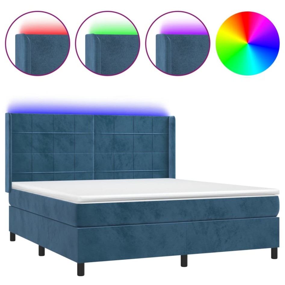 Cama box spring colchón y LED terciopelo azul oscuro 160x200