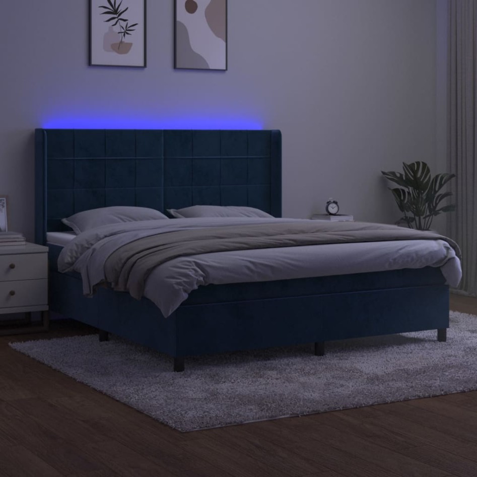 Cama box spring colchón y LED terciopelo azul oscuro 160x200