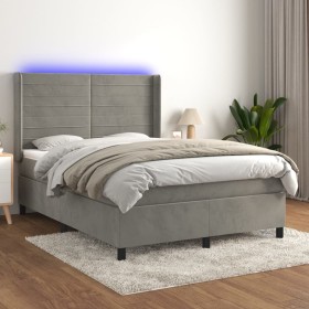 Cama box spring colchón y LED terciopelo gris claro 140x200