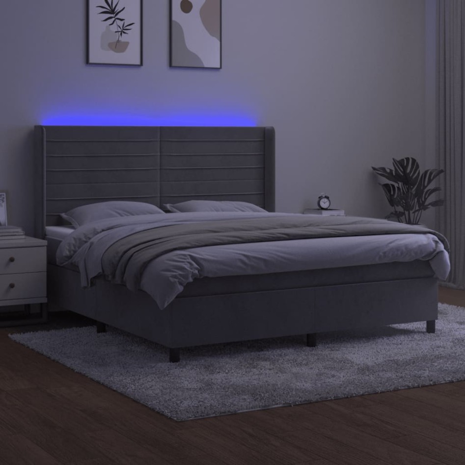 Cama box spring colchón y LED terciopelo gris claro 160x200