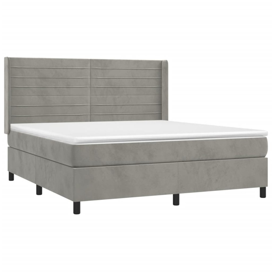 Cama box spring colchón y LED terciopelo gris claro 160x200