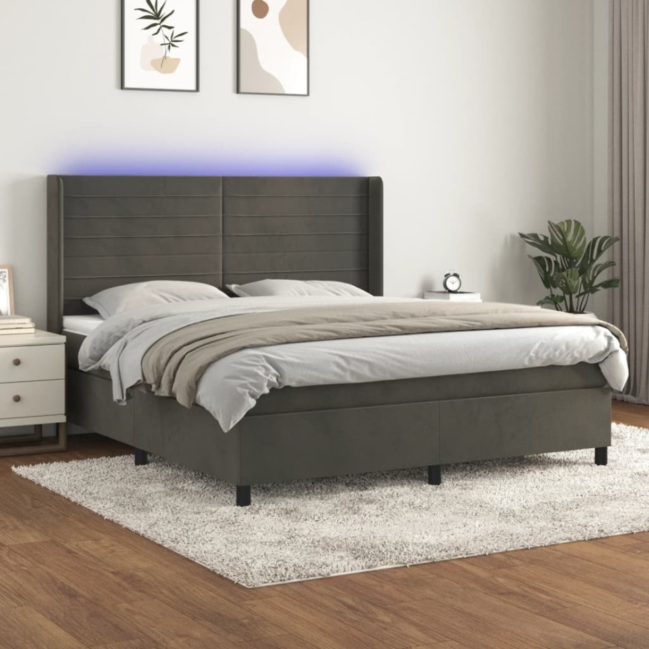 Cama box spring colchón y LED terciopelo gris oscuro 180x200