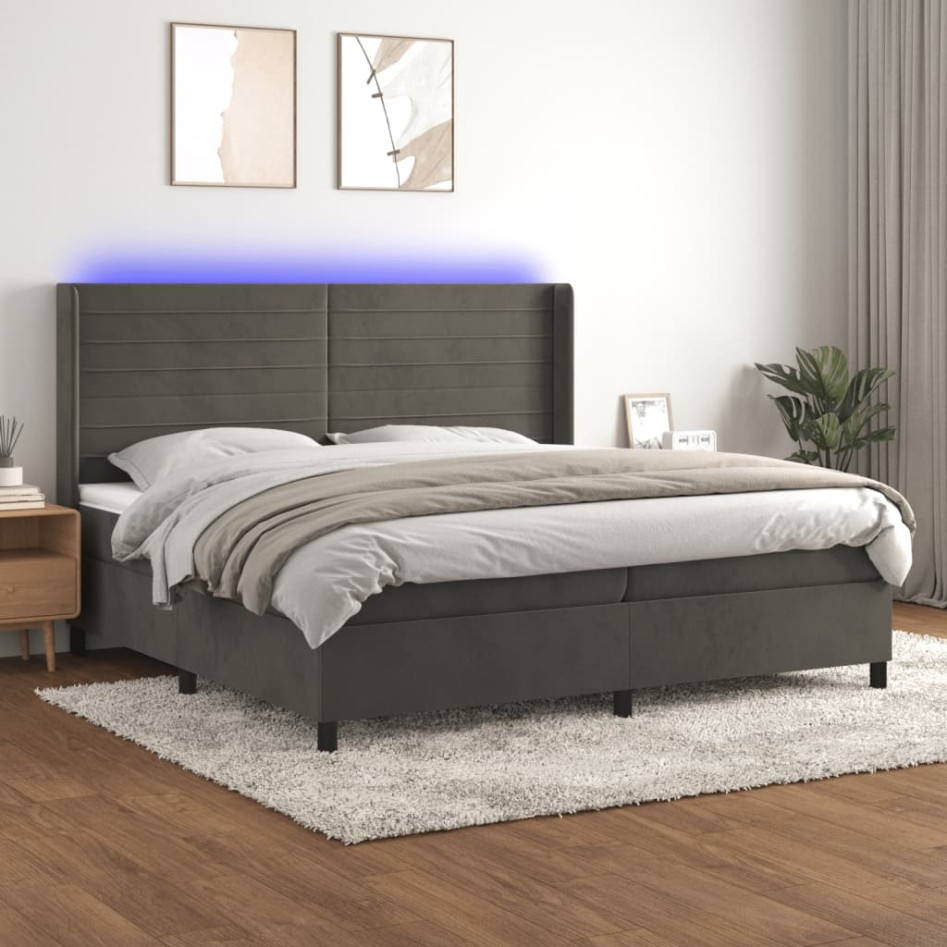 Cama box spring colchón y LED terciopelo gris oscuro 200x200