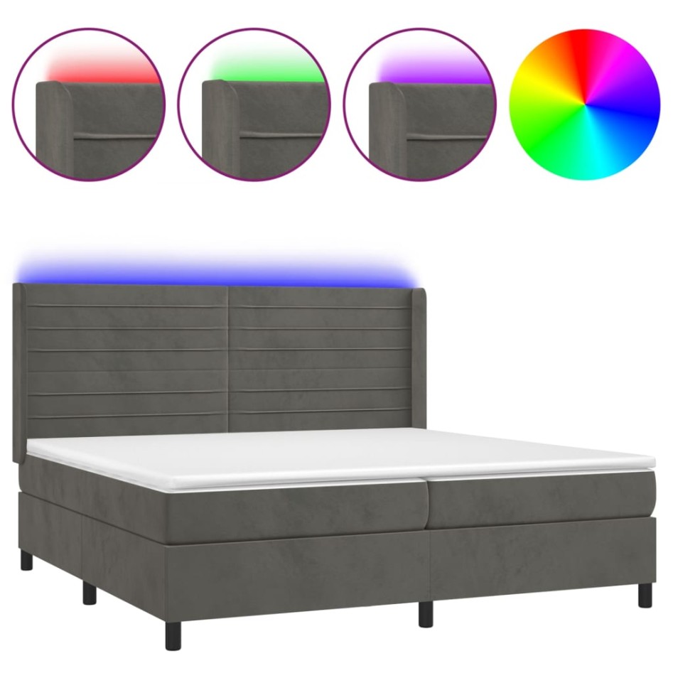 Cama box spring colchón y LED terciopelo gris oscuro 200x200