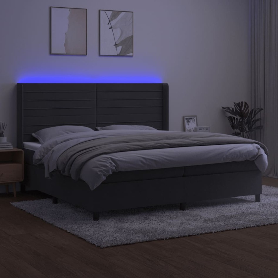 Cama box spring colchón y LED terciopelo gris oscuro 200x200