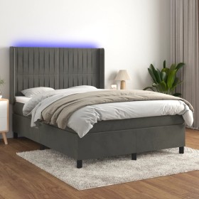 Cama box spring colchón y LED terciopelo gris oscuro 140x200