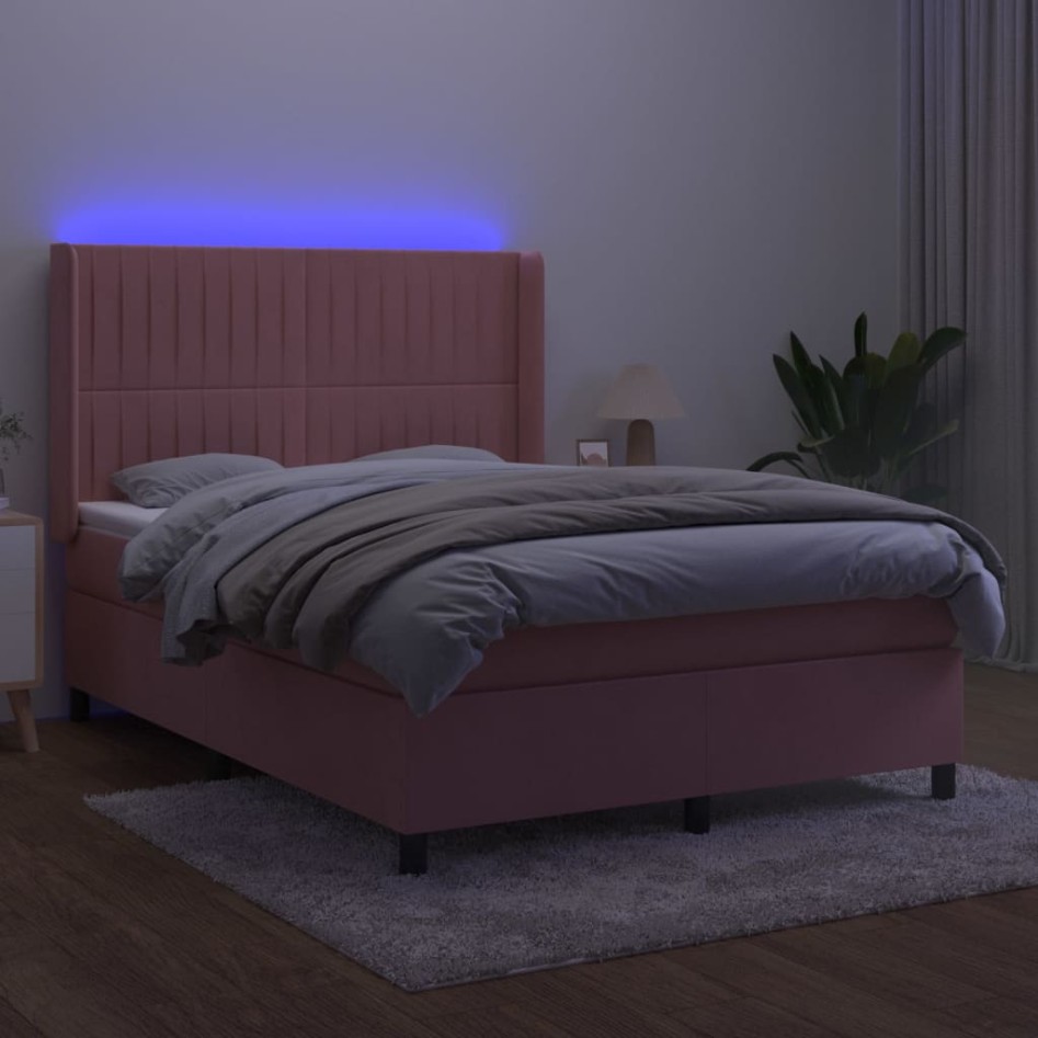Cama box spring colchón y LED terciopelo rosa 140x190