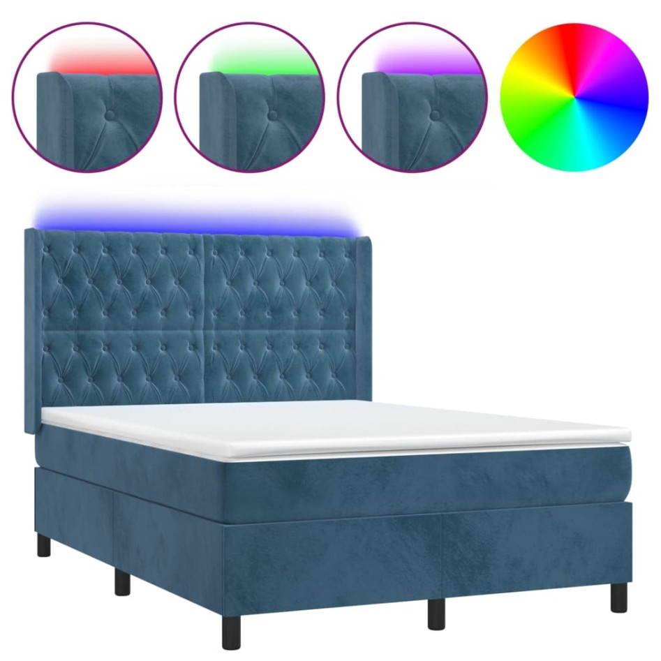 Cama box spring colchón y LED terciopelo azul oscuro 140x190