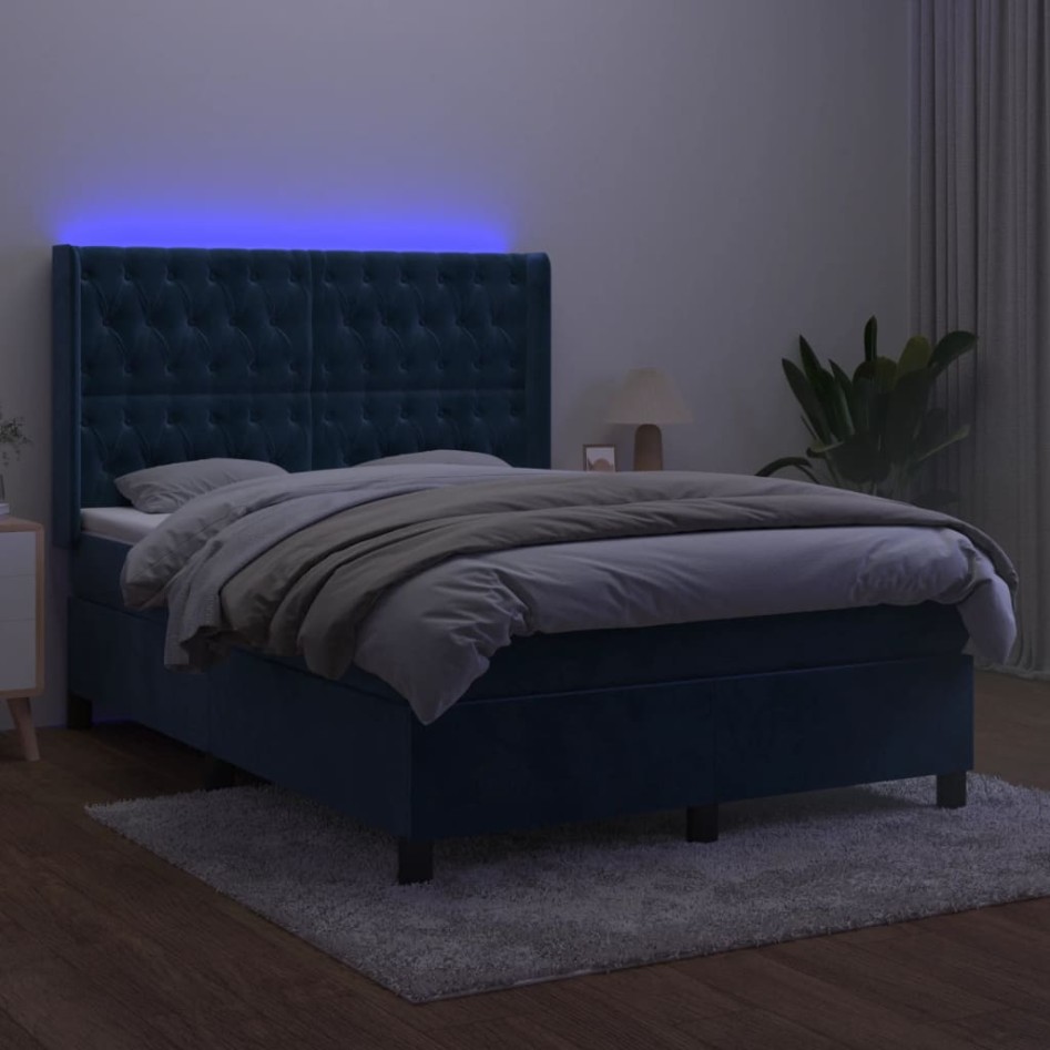 Cama box spring colchón y LED terciopelo azul oscuro 140x190