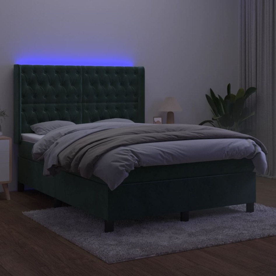 Cama box spring colchón y LED terciopelo verde oscuro