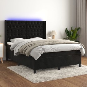 Cama box spring colchón y LED terciopelo negro 140x190