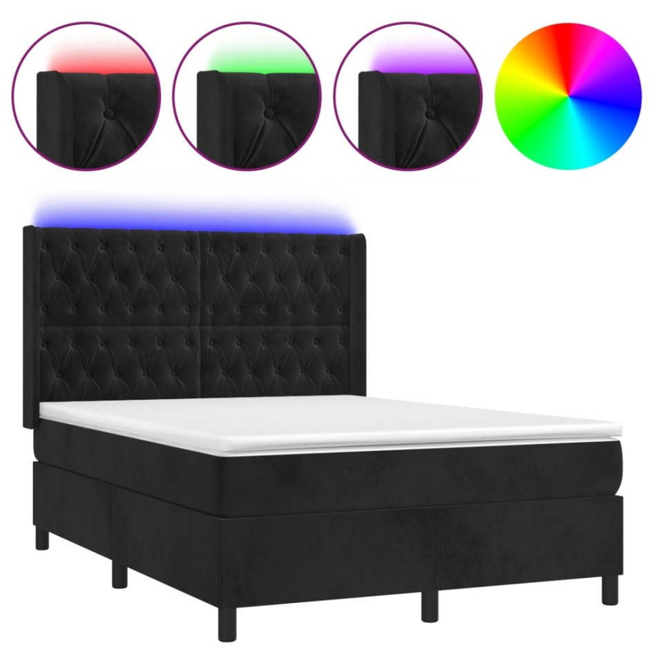 Cama box spring colchón y LED terciopelo negro 140x190