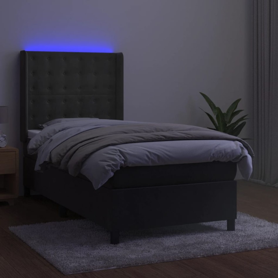 Cama box spring colchón y LED terciopelo gris oscuro 90x190