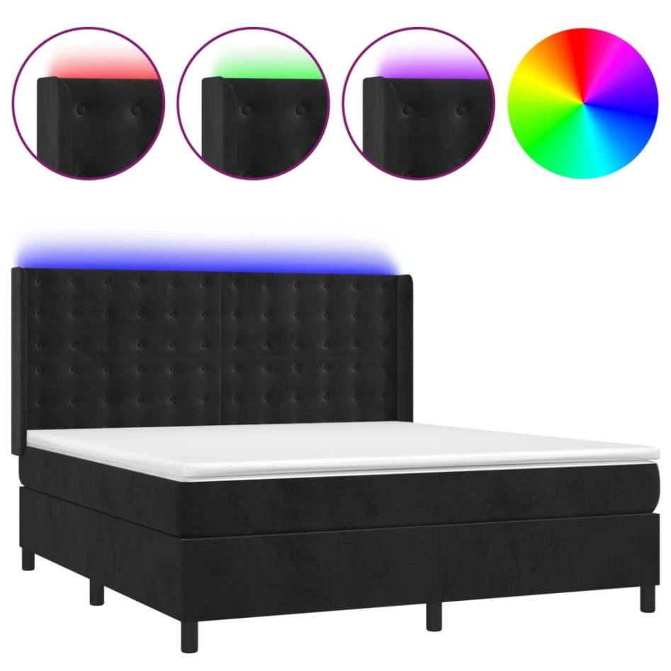 Cama box spring colchón y LED terciopelo negro 160x200