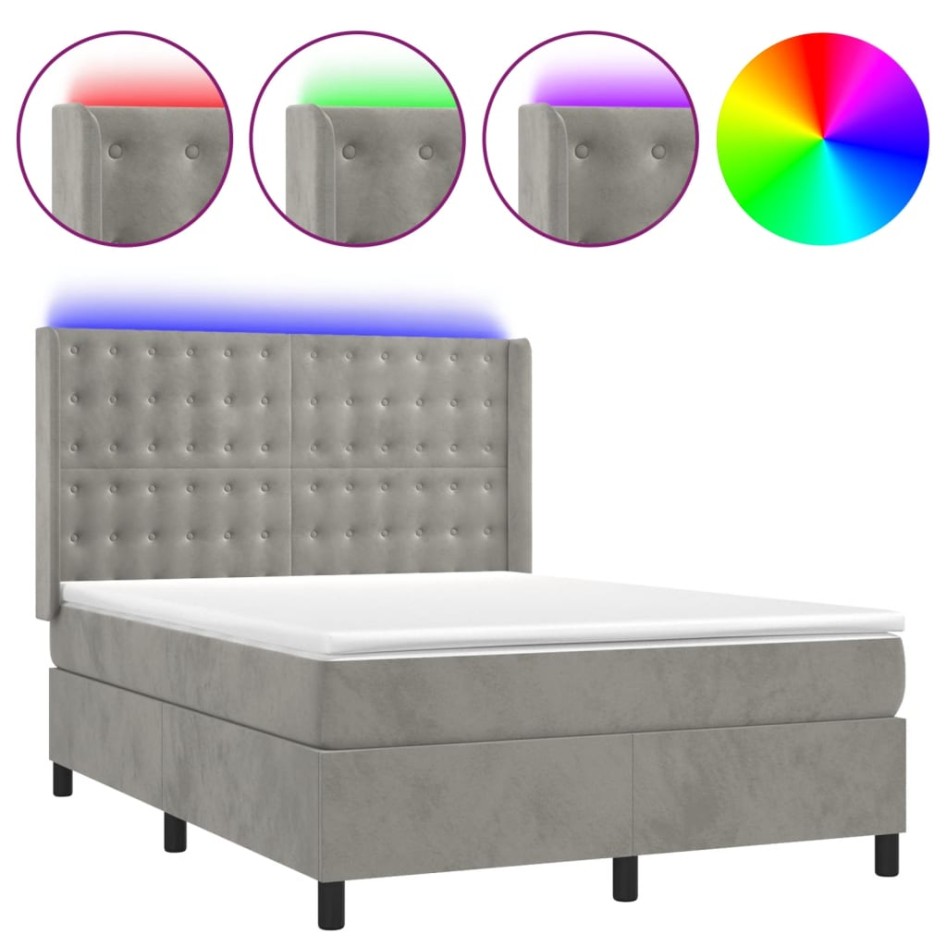 Cama box spring colchón y LED terciopelo gris claro 140x200