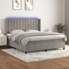Cama box spring colchón y LED terciopelo gris claro 160x200
