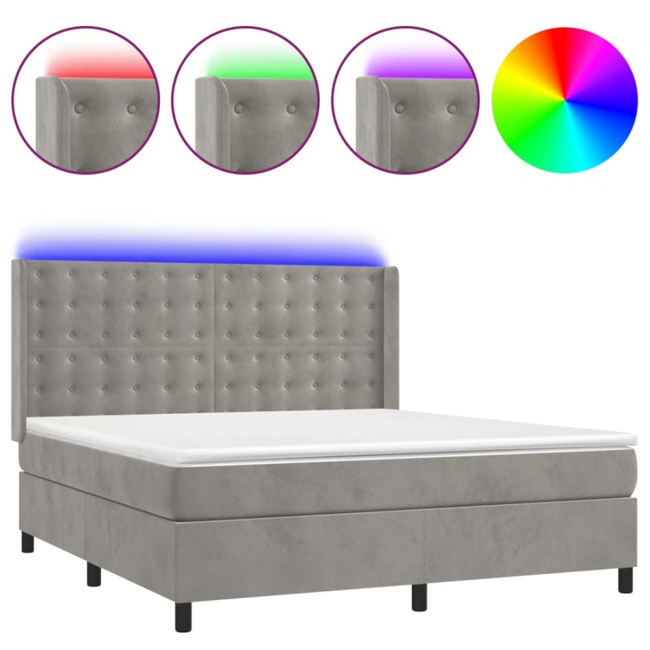 Cama box spring colchón y LED terciopelo gris claro 160x200
