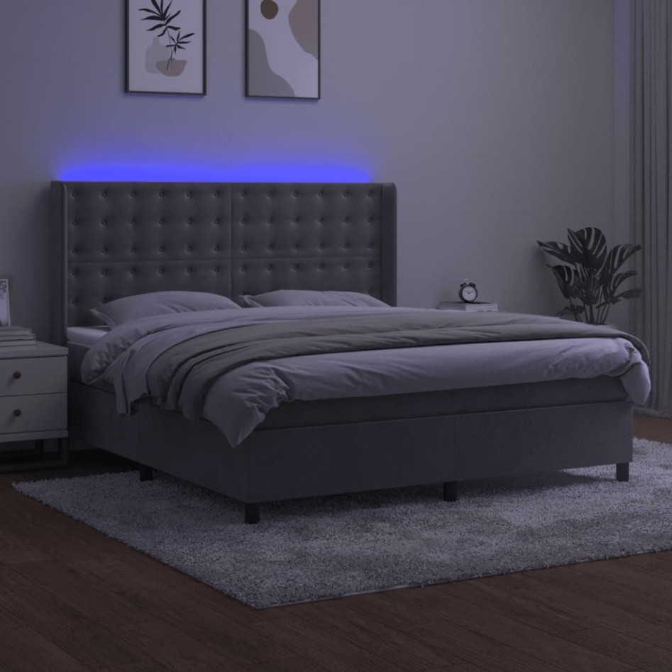 Cama box spring colchón y LED terciopelo gris claro 160x200