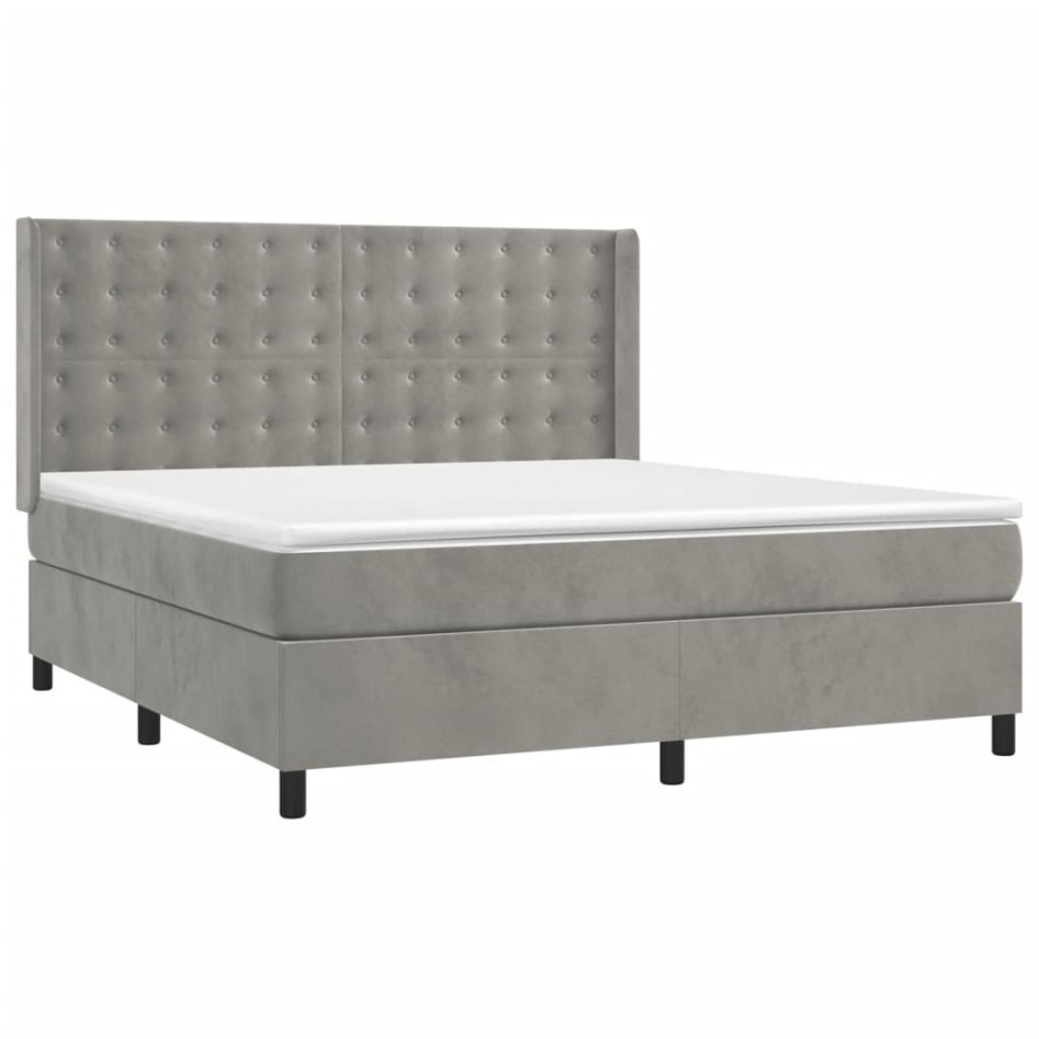 Cama box spring colchón y LED terciopelo gris claro 160x200